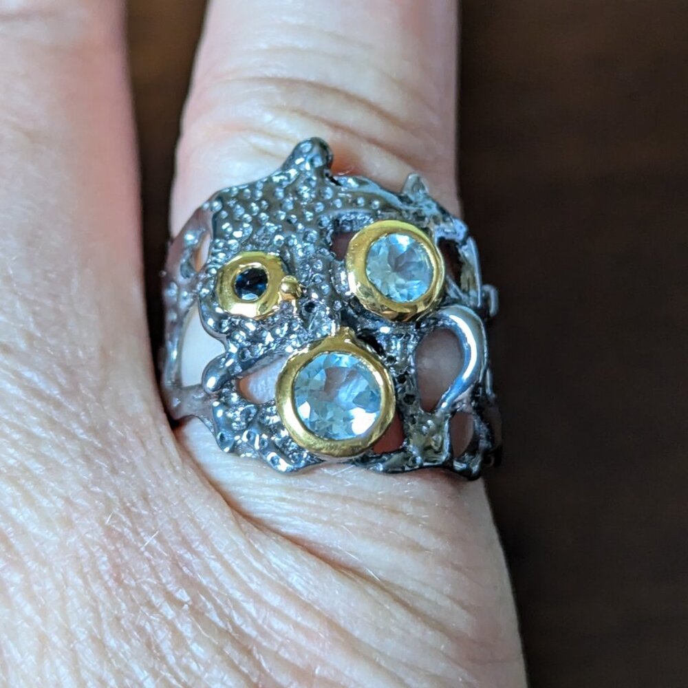 RING Handcrafted Topaz With Sapphire Accents 925 size 7.5